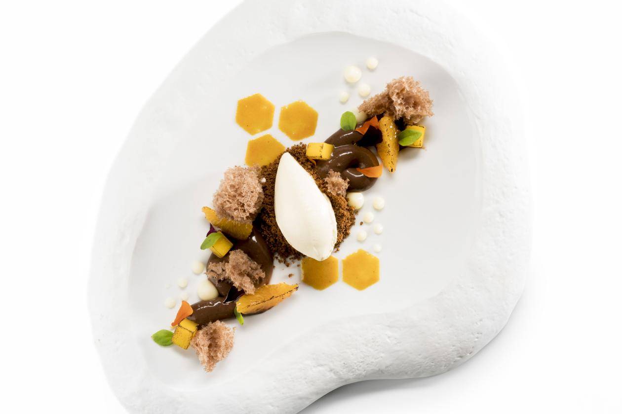 honey and chocolate plated dessert