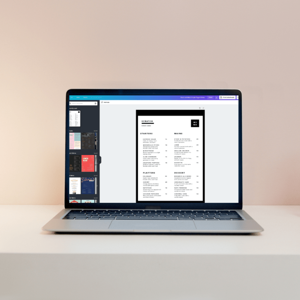 interface Canva créer son menu restaurant