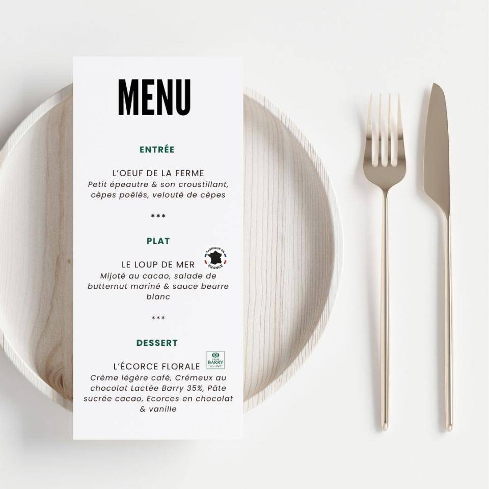 Carte restaurant dessert Cacao Barry et icône Made in France